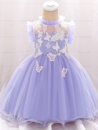 パープル 白いフラワーガールドレス 特別な日のためのドレス ブルーレース ノースリーブ ジュエルネック フラワーガールドレス