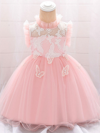 ピンク白いフラワーガールドレス 特別な日のためのドレス ブルーレース ノースリーブ ジュエルネック フラワーガールドレス