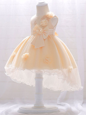 ホワイトフラワーガールドレス シャンパンチュール ノースリーブ ジュエルネック フラワーガールドレス