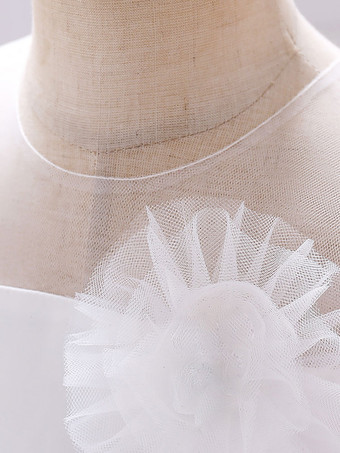 白いフラワーガールドレス ホワイトチュール ノースリーブ ジュエルネック フラワーガールドレス