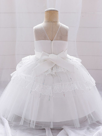 白いフラワーガールドレス ホワイトチュール ノースリーブ ジュエルネック フラワーガールドレス