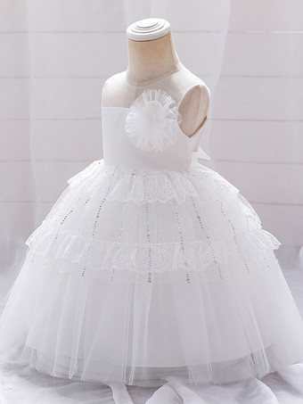 白いフラワーガールドレス ホワイトチュール ノースリーブ ジュエルネック フラワーガールドレス