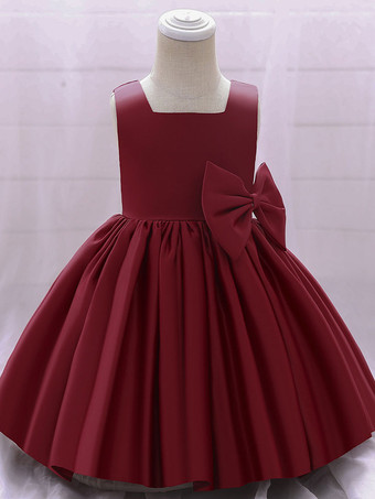 ワインレッド 白いフラワーガールドレス 特別な日のためのドレス ホワイトサテン生地 ノースリーブ スクエアネック フラワーガールドレス