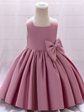 カメオピンク白いフラワーガールドレス 特別な日のためのドレス ホワイトサテン生地 ノースリーブ スクエアネック フラワーガールドレス