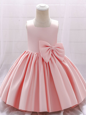 サーモンピンク白いフラワーガールドレス 特別な日のためのドレス ホワイトサテン生地 ノースリーブ スクエアネック フラワーガールドレス