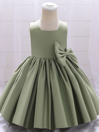 アボカドグリーン白いフラワーガールドレス 特別な日のためのドレス ホワイトサテン生地 ノースリーブ スクエアネック フラワーガールドレス