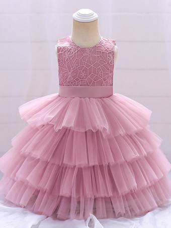 フラワーガールドレス パフスカート ラウンドネック ノースリーブ バックジッパー リボン飾り付き