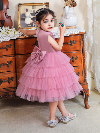 フラワーガールドレス パフスカート ラウンドネック ノースリーブ バックジッパー リボン飾り付き