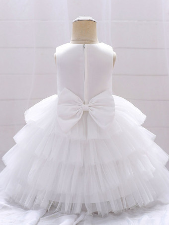 フラワーガールドレス パフスカート ラウンドネック ノースリーブ バックジッパー リボン飾り付き