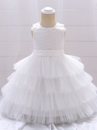 ホワイト フラワーガールドレス パフスカート ラウンドネック ノースリーブ バックジッパー リボン飾り付き