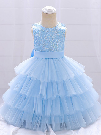 フラワーガールドレス パフスカート ラウンドネック ノースリーブ バックジッパー リボン飾り付き