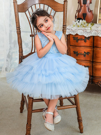 ベビーブルーフラワーガールドレス パフスカート ラウンドネック ノースリーブ バックジッパー リボン飾り付き