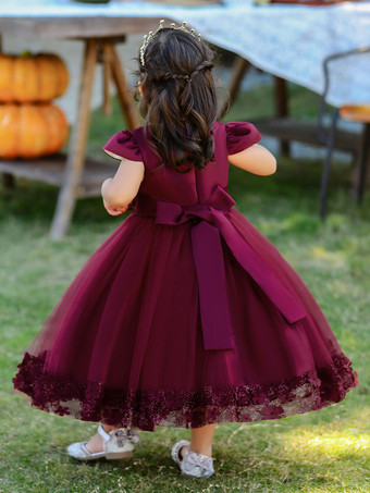 ホワイトフラワーガールドレス 特別な日のドレス バーガンディレース 半袖 ジュエルネック フラワーガールドレス