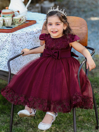 ホワイトフラワーガールドレス 特別な日のドレス バーガンディレース 半袖 ジュエルネック フラワーガールドレス