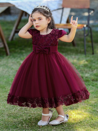 ワインレッド ホワイトフラワーガールドレス 特別な日のドレス バーガンディレース 半袖 ジュエルネック フラワーガールドレス