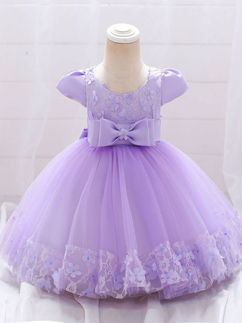 パープル ホワイトフラワーガールドレス 特別な日のドレス バーガンディレース 半袖 ジュエルネック フラワーガールドレス