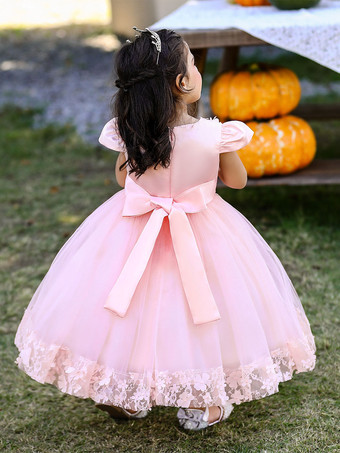 ホワイトフラワーガールドレス 特別な日のドレス バーガンディレース 半袖 ジュエルネック フラワーガールドレス