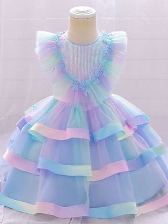 ベビーブルーホワイトフラワーガールドレス 特別な日のドレス ピンクレース 半袖 ジュエルネック フラワーガールドレス