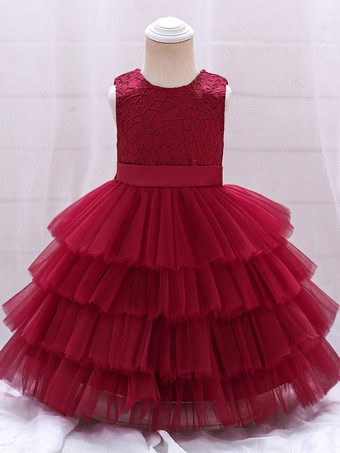 ワインレッド フラワーガールドレス パフスカート ラウンドネック ノースリーブ バックジッパー リボン飾り付き