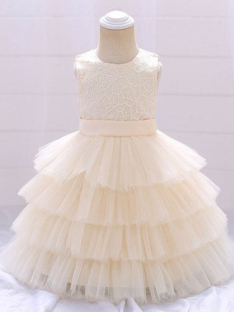 シャンパンカラーフラワーガールドレス パフスカート ラウンドネック ノースリーブ バックジッパー リボン飾り付き