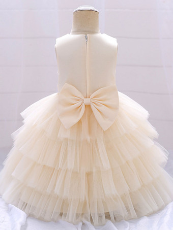 フラワーガールドレス パフスカート ラウンドネック ノースリーブ バックジッパー リボン飾り付き