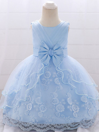 ベビーブルー白いフラワーガールドレス 特別な日のドレス ピンクのレース ノースリーブ ジュエルネック フラワーガールドレス