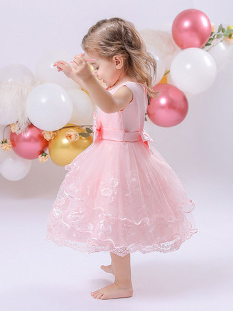 白いフラワーガールドレス 特別な日のドレス ピンクのレース ノースリーブ ジュエルネック フラワーガールドレス