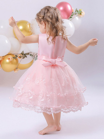 白いフラワーガールドレス 特別な日のドレス ピンクのレース ノースリーブ ジュエルネック フラワーガールドレス