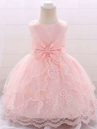 白いフラワーガールドレス 特別な日のドレス ピンクのレース ノースリーブ ジュエルネック フラワーガールドレス