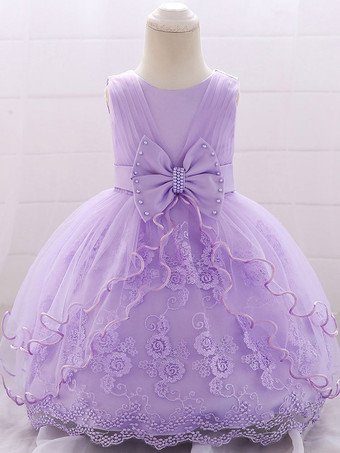 パープル 白いフラワーガールドレス 特別な日のドレス ピンクのレース ノースリーブ ジュエルネック フラワーガールドレス