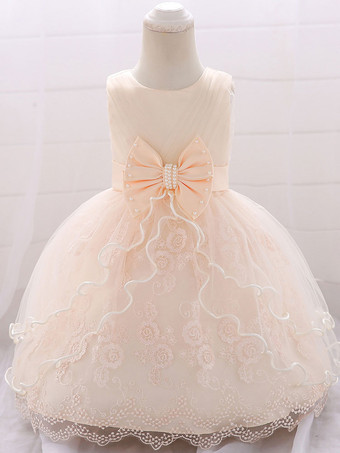 シャンパンカラー白いフラワーガールドレス 特別な日のドレス ピンクのレース ノースリーブ ジュエルネック フラワーガールドレス