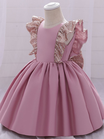 ホワイトフラワーガールドレス 特別な機会のドレス ピンクポリエステル 半袖 ジュエルネック フラワーガールドレス