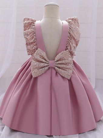 ホワイトフラワーガールドレス 特別な機会のドレス ピンクポリエステル 半袖 ジュエルネック フラワーガールドレス