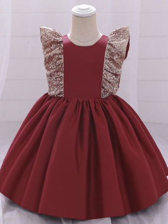 ワインレッド ホワイトフラワーガールドレス 特別な機会のドレス ピンクポリエステル 半袖 ジュエルネック フラワーガールドレス