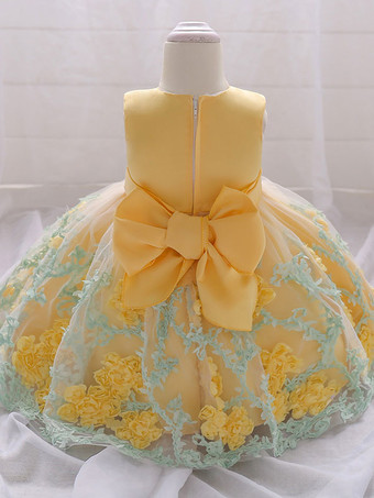 白いフラワーガールドレス 特別な日のためのドレス 黄色のレース ノースリーブ ジュエルネック フラワーガールドレス