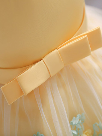 白いフラワーガールドレス 特別な日のためのドレス 黄色のレース ノースリーブ ジュエルネック フラワーガールドレス