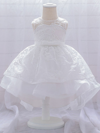 ホワイト 白いフラワーガールドレス 特別な日のドレス ピンクのレース ノースリーブ ジュエルネック フラワーガールドレス