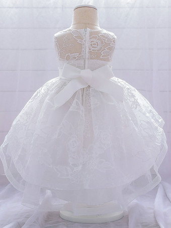 白いフラワーガールドレス 特別な日のドレス ピンクのレース ノースリーブ ジュエルネック フラワーガールドレス