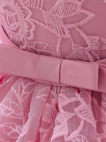 白いフラワーガールドレス 特別な日のドレス ピンクのレース ノースリーブ ジュエルネック フラワーガールドレス