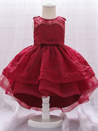 レッド 白いフラワーガールドレス 特別な日のドレス ピンクのレース ノースリーブ ジュエルネック フラワーガールドレス