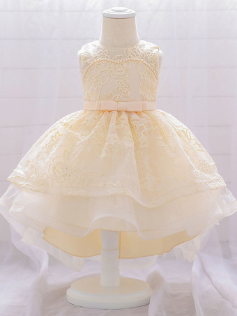 シャンパンカラー白いフラワーガールドレス 特別な日のドレス ピンクのレース ノースリーブ ジュエルネック フラワーガールドレス