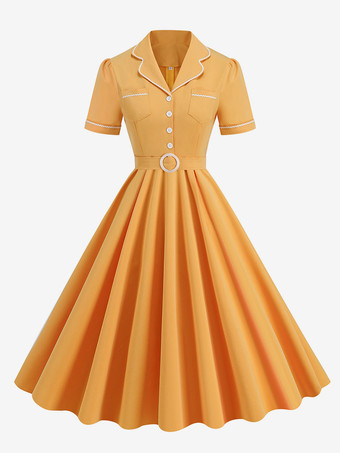 イエローアクアティックドレス ボタン リングディテール 半袖 レトログラマー ミディドレス