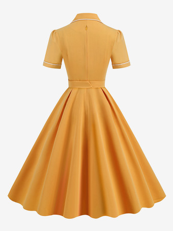 アクアティックドレス ボタン リングディテール 半袖 レトログラマー ミディドレス