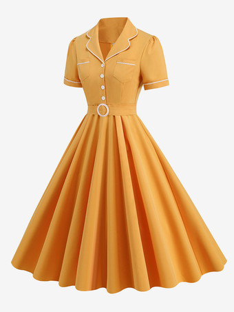 アクアティックドレス ボタン リングディテール 半袖 レトログラマー ミディドレス