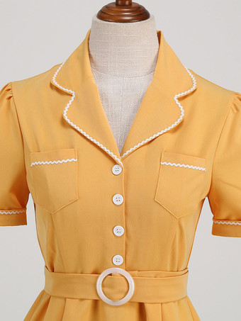 アクアティックドレス ボタン リングディテール 半袖 レトログラマー ミディドレス