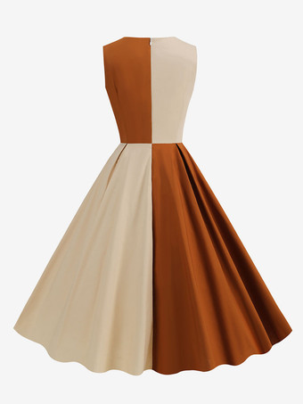 エレガントなドレス ツートンカラー ノースリーブ デザインネックライン レトロ グラマー ドレス