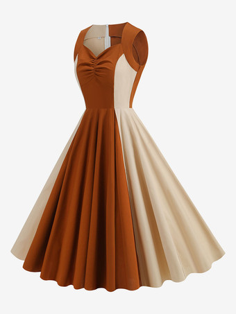 エレガントなドレス ツートンカラー ノースリーブ デザインネックライン レトロ グラマー ドレス
