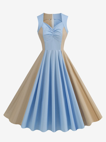 ライトスカイブルーエレガントなドレス ツートンカラー ノースリーブ デザインネックライン レトロ グラマー ドレス