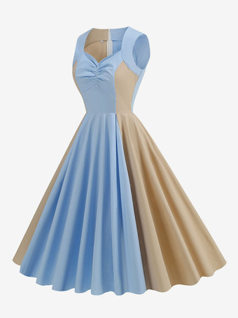 エレガントなドレス ツートンカラー ノースリーブ デザインネックライン レトロ グラマー ドレス