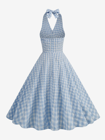 アクアティックドレス チェック柄 ホルターネック バックレス プリーツ レトロ グラマー ミディドレス